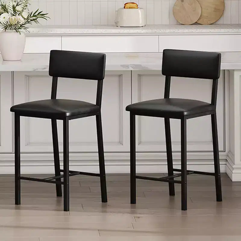 Tabourets de bar à hauteur de comptoir en cuir PU - Lot de 2 - Avec dossier, repose-pieds, coussin épais - Noir - Pour salle à manger, îlot de cuisine, bar d'appartement