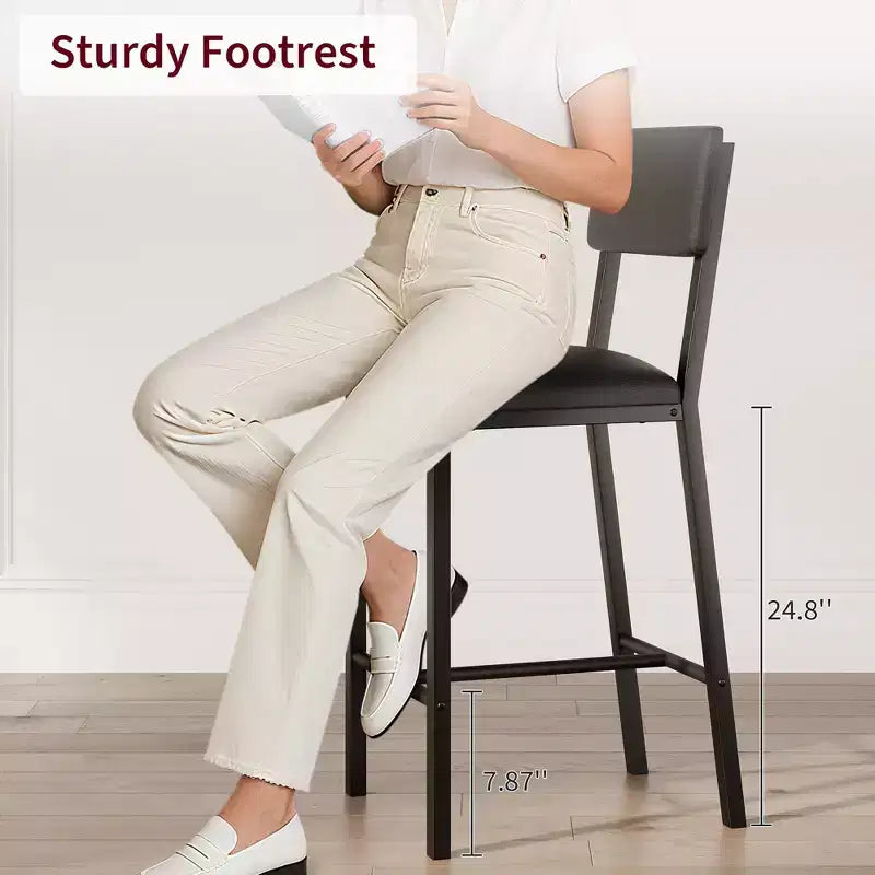 Tabourets de bar à hauteur de comptoir en cuir PU - Lot de 2 - Avec dossier, repose-pieds, coussin épais - Noir - Pour salle à manger, îlot de cuisine, bar d'appartement