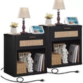 BALHAM TRADE-Rattan Nightstands Set of 2 with Charging Station 23Wide with Drawer Storage Shelf