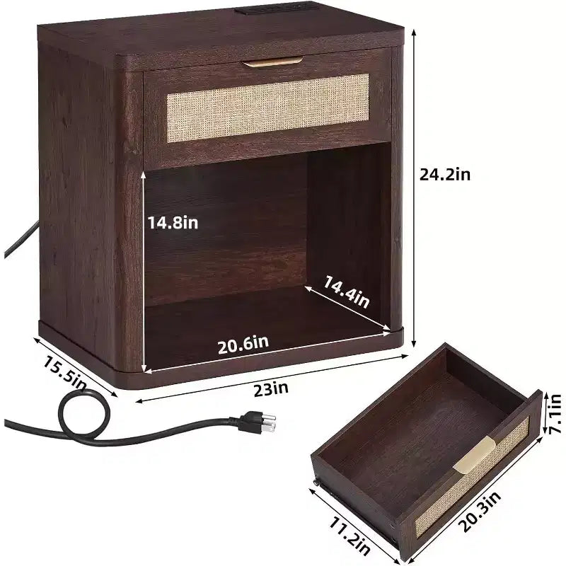 BALHAM TRADE-Tables de chevet en rotin, lot de 2, avec station de charge, 58 cm de large, avec tiroir de rangement