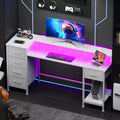 55 Inch White Computer Desk with Charging Station Reversible Gaming Desk LED Lights Fabric Drawers Home Office Writing Table Bedroom Study Storage