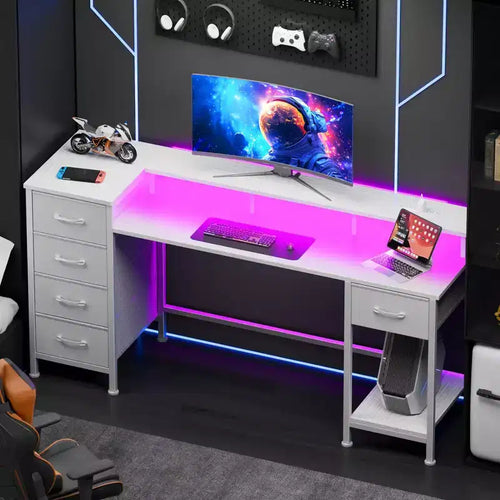 55 Inch White Computer Desk with Charging Station Reversible Gaming Desk LED Lights Fabric Drawers Home Office Writing Table Bedroom Study Storage