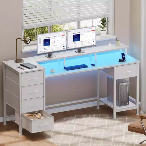 Bureau d'ordinateur blanc de 55 pouces avec station de charge, bureau de jeu réversible, lumières LED, tiroirs en tissu, table d'écriture pour bureau à domicile, chambre à coucher, rangement d'étude