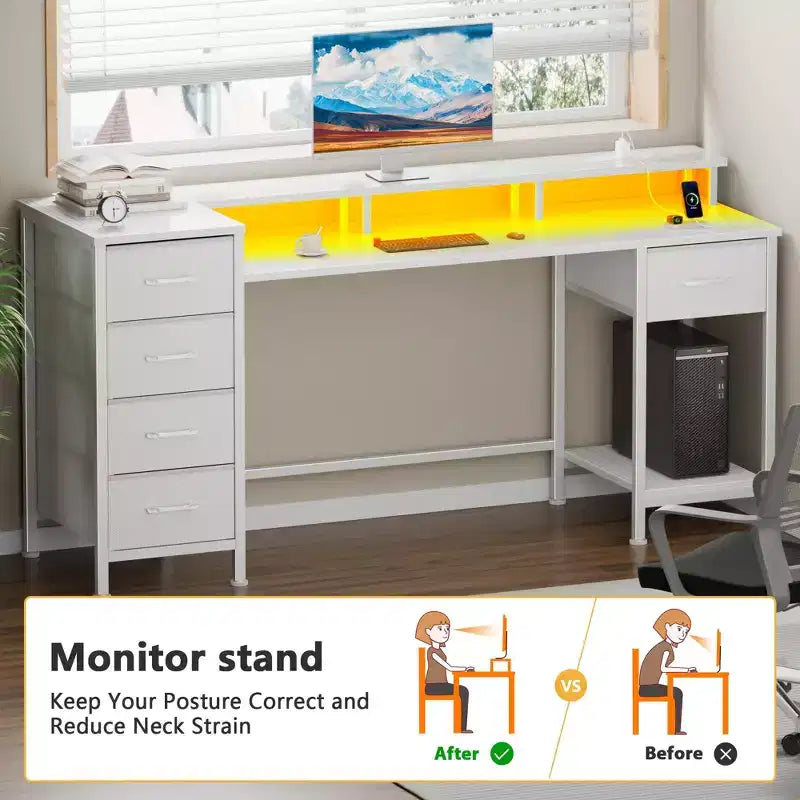 Bureau d'ordinateur blanc de 55 pouces avec station de charge, bureau de jeu réversible, lumières LED, tiroirs en tissu, table d'écriture pour bureau à domicile, chambre à coucher, rangement d'étude