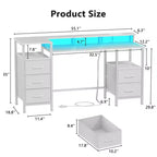 Bureau d'ordinateur blanc de 55 pouces avec station de charge, bureau de jeu réversible, lumières LED, tiroirs en tissu, table d'écriture pour bureau à domicile, chambre à coucher, rangement d'étude