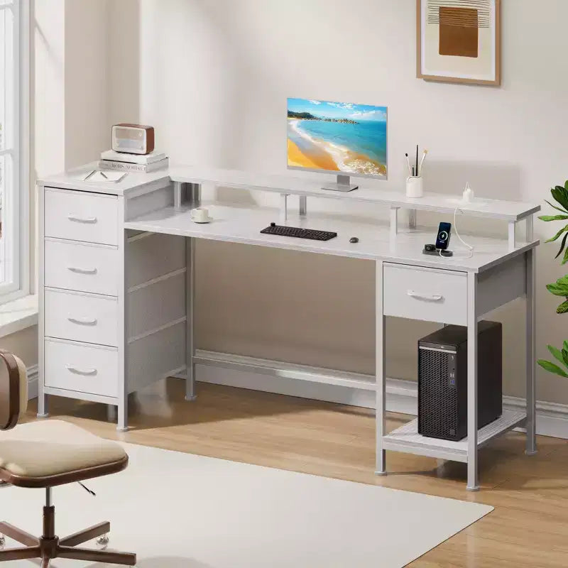 Bureau d'ordinateur blanc de 55 pouces avec station de charge, bureau de jeu réversible, lumières LED, tiroirs en tissu, table d'écriture pour bureau à domicile, chambre à coucher, rangement d'étude