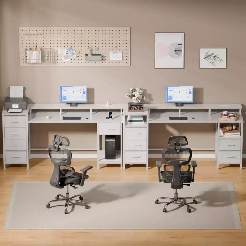 Bureau d'ordinateur blanc de 55 pouces avec station de charge, bureau de jeu réversible, lumières LED, tiroirs en tissu, table d'écriture pour bureau à domicile, chambre à coucher, rangement d'étude