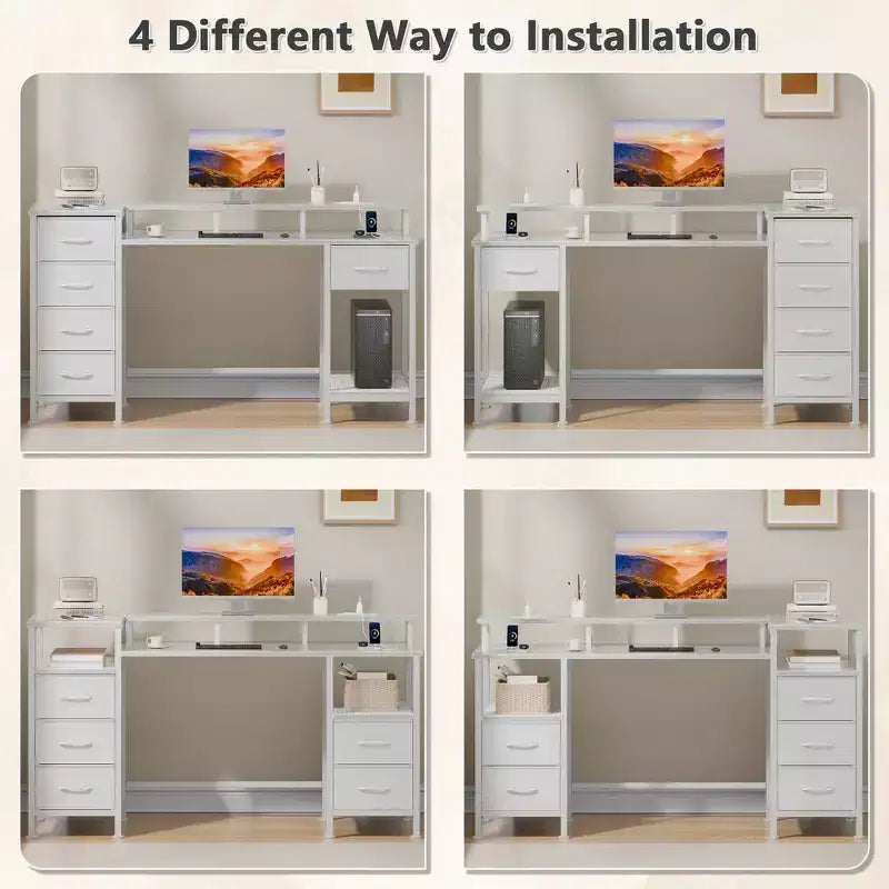 Bureau d'ordinateur blanc de 55 pouces avec station de charge, bureau de jeu réversible, lumières LED, tiroirs en tissu, table d'écriture pour bureau à domicile, chambre à coucher, rangement d'étude
