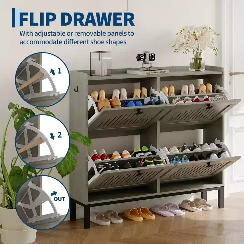 Meuble à chaussures avec 4 tiroirs basculants, panneau évidé, anti-basculement, étagères réglables pour entrée, salon, chambre à coucher