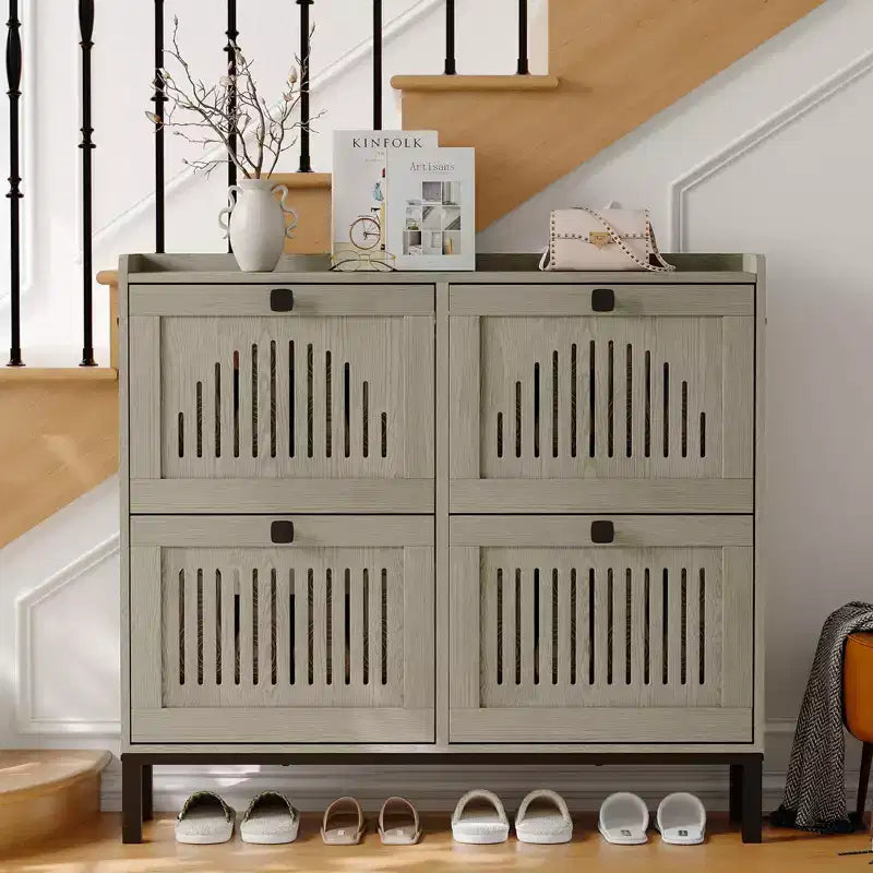 Meuble à chaussures avec 4 tiroirs basculants, panneau évidé, anti-basculement, étagères réglables pour entrée, salon, chambre à coucher