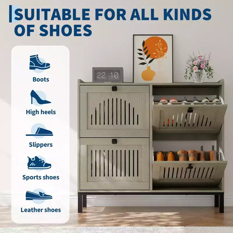 Meuble à chaussures avec 4 tiroirs basculants, panneau évidé, anti-basculement, étagères réglables pour entrée, salon, chambre à coucher