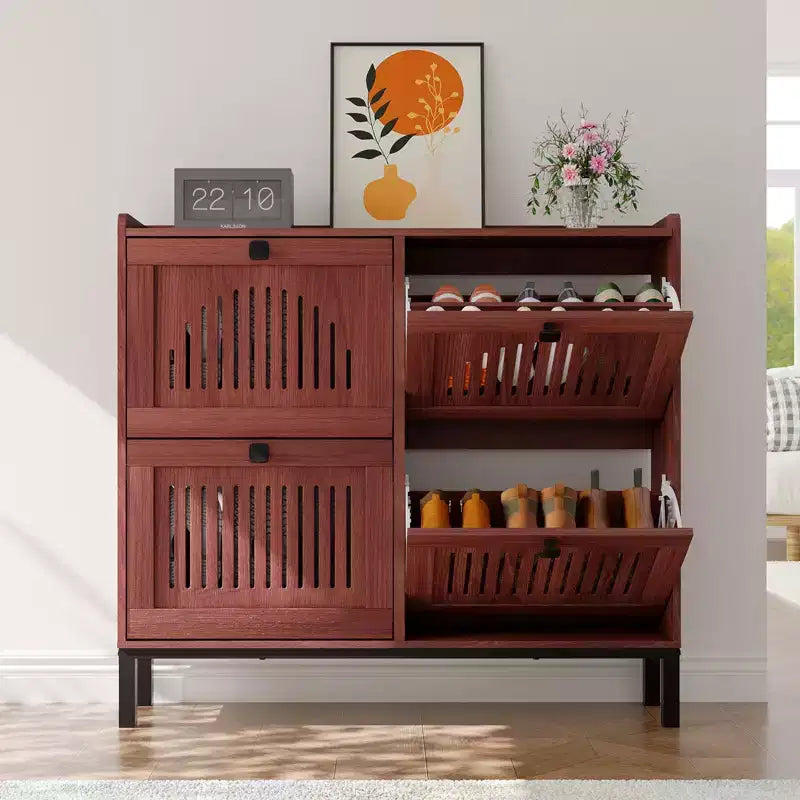 Meuble à chaussures avec 4 tiroirs basculants, panneau évidé, anti-basculement, étagères réglables pour entrée, salon, chambre à coucher