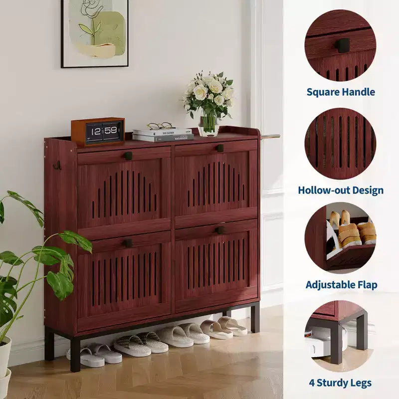 Meuble à chaussures avec 4 tiroirs basculants, panneau évidé, anti-basculement, étagères réglables pour entrée, salon, chambre à coucher