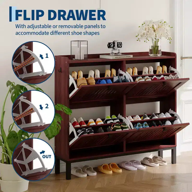 Meuble à chaussures avec 4 tiroirs basculants, panneau évidé, anti-basculement, étagères réglables pour entrée, salon, chambre à coucher