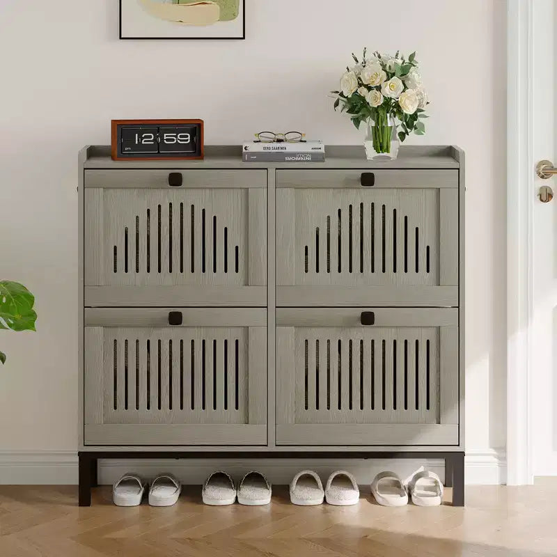 Meuble à chaussures avec 4 tiroirs basculants, panneau évidé, anti-basculement, étagères réglables pour entrée, salon, chambre à coucher