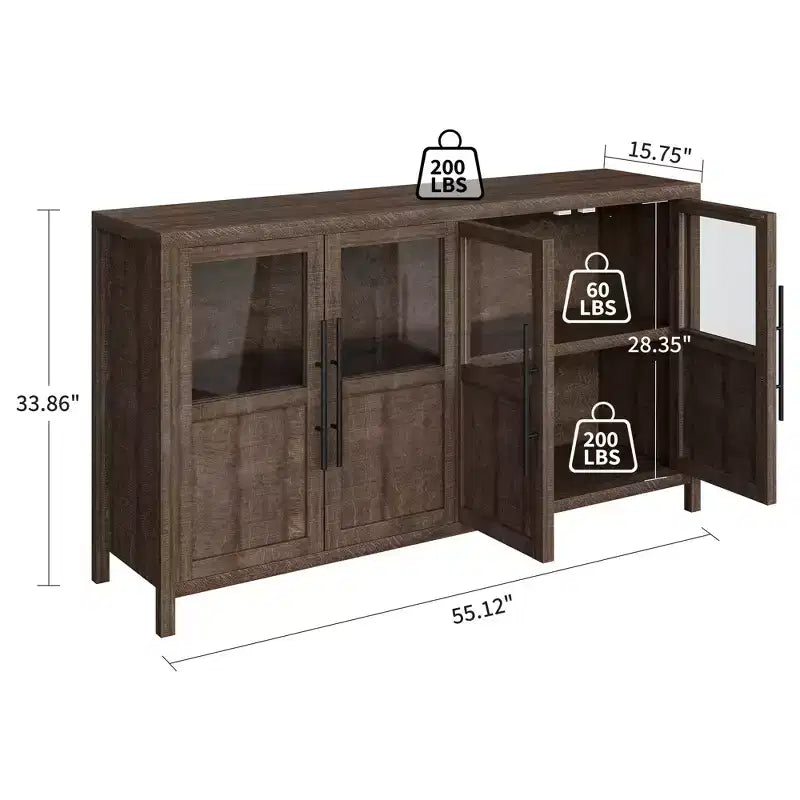 Meuble Buffet Vaisselier avec 4 Portes Vitrées, Vitrine de 140 cm pour Cuisine, Salle à Manger, Salon