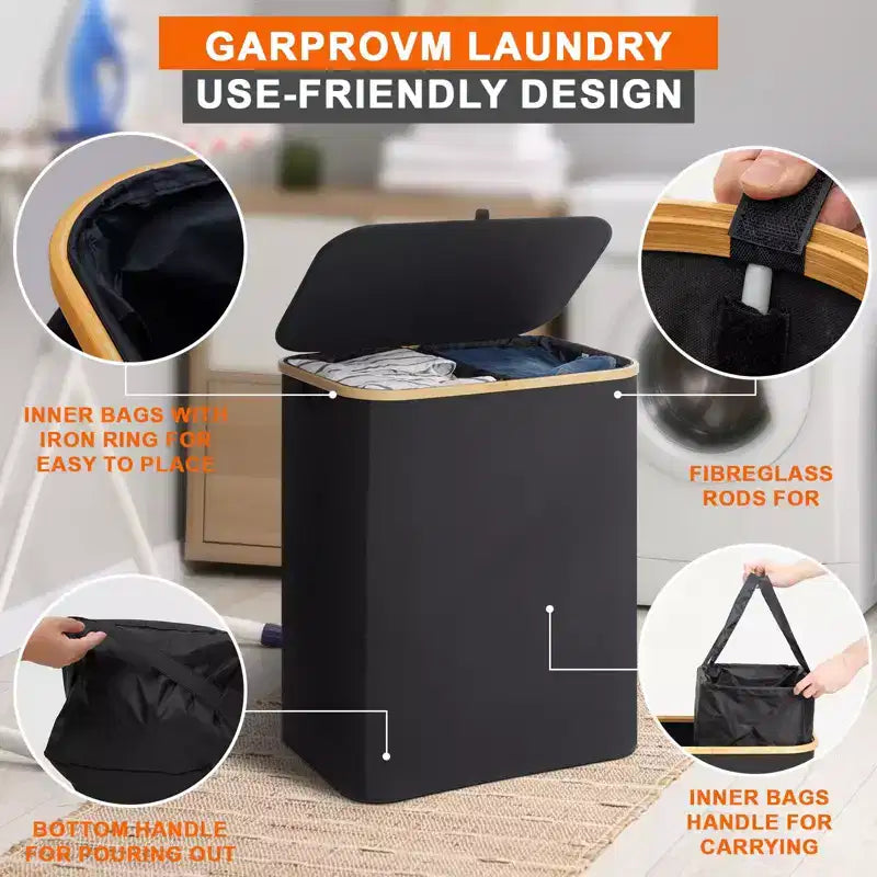 GARPROVM Panier à linge pliable de 150L avec couvercle et 2 sacs amovibles, grand trieur en tissu Oxford pour chambre ou salle de bain