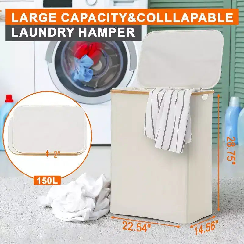 GARPROVM Panier à linge pliable de 150L avec couvercle et 2 sacs amovibles, grand trieur en tissu Oxford pour chambre ou salle de bain