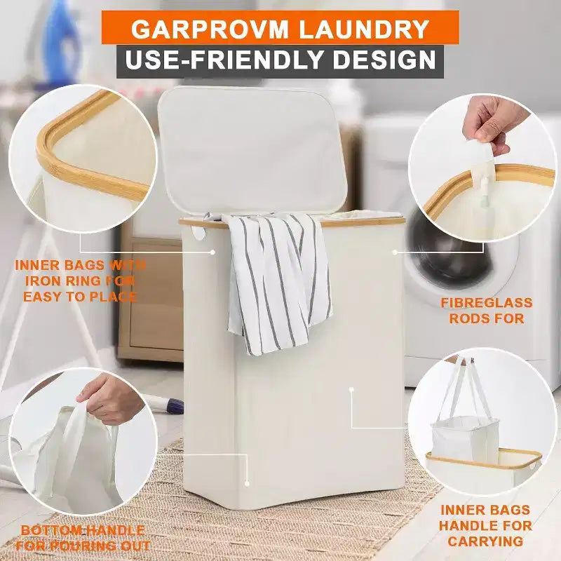 GARPROVM Panier à linge pliable de 150L avec couvercle et 2 sacs amovibles, grand trieur en tissu Oxford pour chambre ou salle de bain