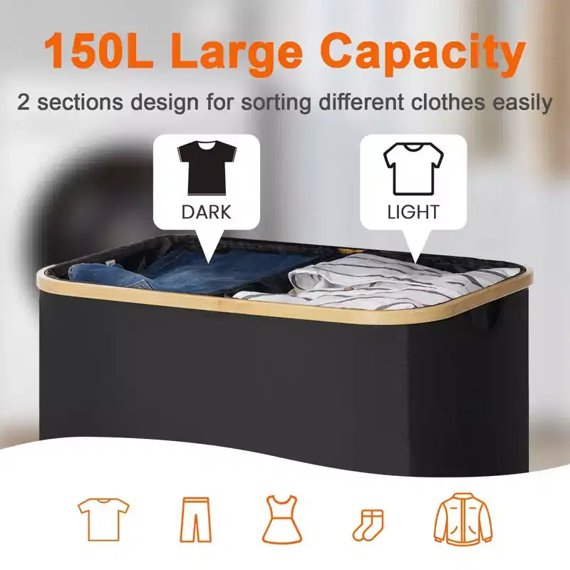 GARPROVM Panier à linge pliable de 150L avec couvercle et 2 sacs amovibles, grand trieur en tissu Oxford pour chambre ou salle de bain