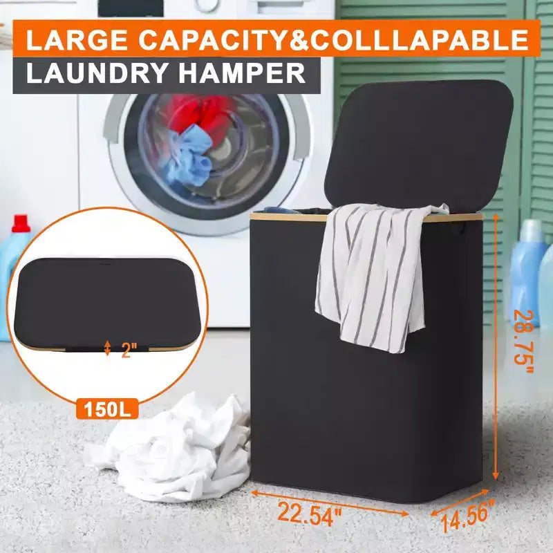 GARPROVM Panier à linge pliable de 150L avec couvercle et 2 sacs amovibles, grand trieur en tissu Oxford pour chambre ou salle de bain