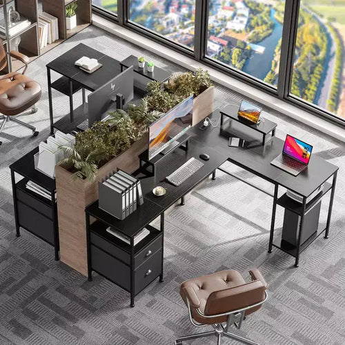 Bureau d'ordinateur noir en L de 66 pouces avec station de charge, bureau d'angle réversible pour jeux vidéo, meuble de classement, support d'écran, rangement pour bureau à domicile