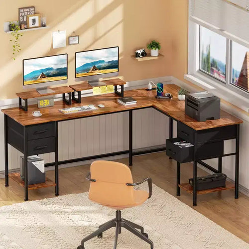 66 Inch Brown L Shaped Computer Desk with Charging Station 94.4 Inch Long Two Person Gaming Desk 4 Drawers 2 Monitor Stands Home Office Storage