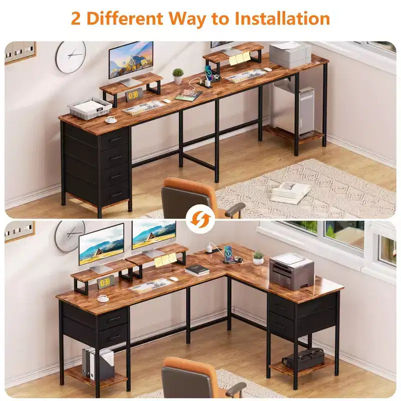Bureau d'ordinateur en forme de L brun de 66 pouces avec station de charge, bureau de jeu de 94,4 pouces de long pour deux personnes, 4 tiroirs, 2 supports d'écran, rangement pour bureau à domicile