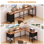 Bureau d'ordinateur en forme de L brun de 66 pouces avec station de charge, bureau de jeu de 94,4 pouces de long pour deux personnes, 4 tiroirs, 2 supports d'écran, rangement pour bureau à domicile