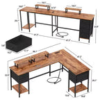 Bureau d'ordinateur en forme de L brun de 66 pouces avec station de charge, bureau de jeu de 94,4 pouces de long pour deux personnes, 4 tiroirs, 2 supports d'écran, rangement pour bureau à domicile