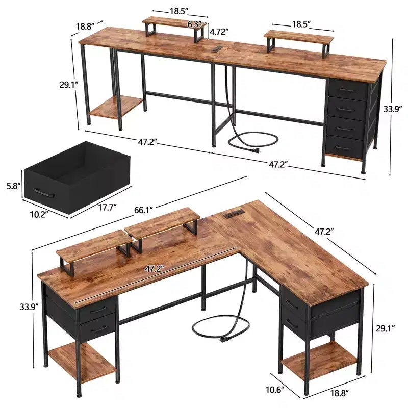 Bureau d'ordinateur en forme de L brun de 66 pouces avec station de charge, bureau de jeu de 94,4 pouces de long pour deux personnes, 4 tiroirs, 2 supports d'écran, rangement pour bureau à domicile