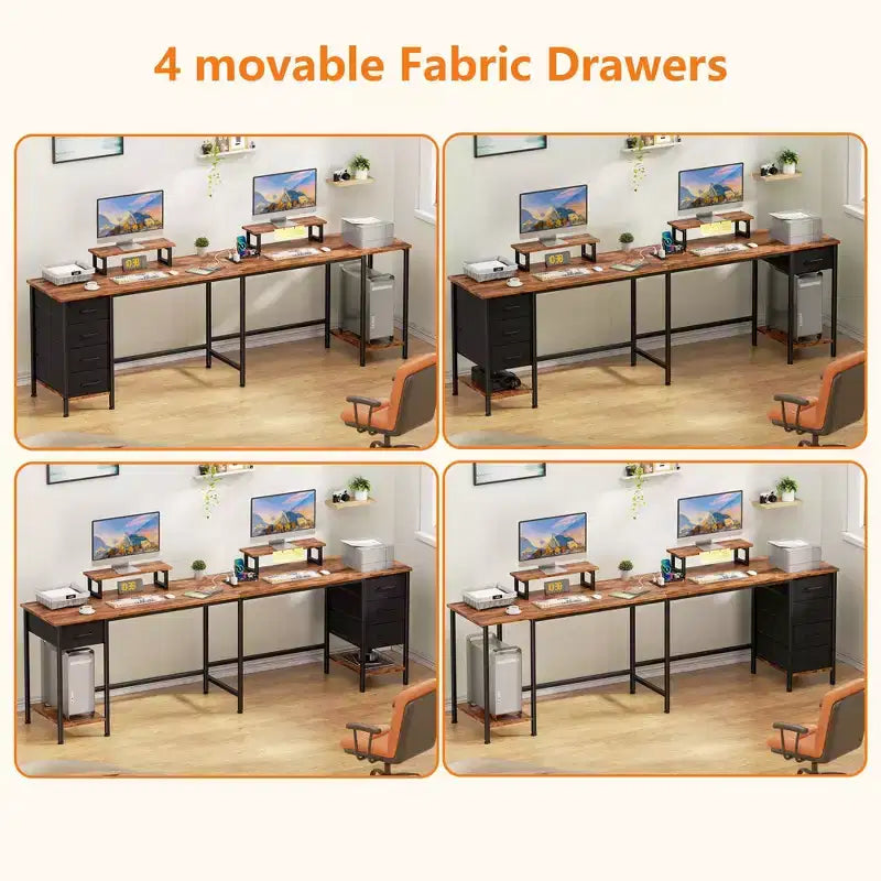 Bureau d'ordinateur en forme de L brun de 66 pouces avec station de charge, bureau de jeu de 94,4 pouces de long pour deux personnes, 4 tiroirs, 2 supports d'écran, rangement pour bureau à domicile