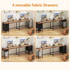 Bureau d'ordinateur en forme de L brun de 66 pouces avec station de charge, bureau de jeu de 94,4 pouces de long pour deux personnes, 4 tiroirs, 2 supports d'écran, rangement pour bureau à domicile