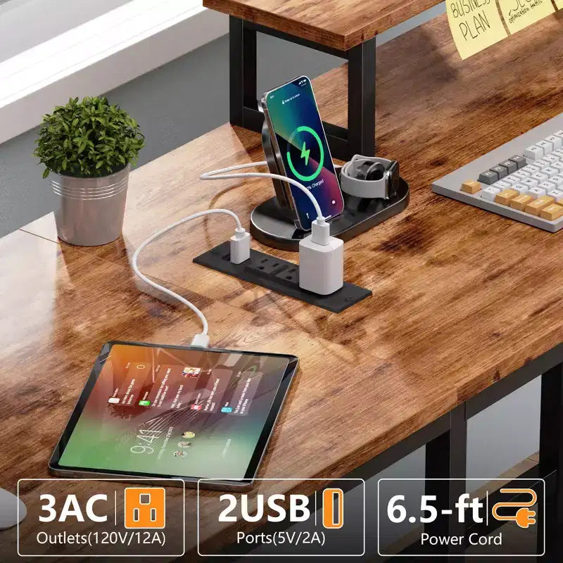 Bureau d'ordinateur en forme de L brun de 66 pouces avec station de charge, bureau de jeu de 94,4 pouces de long pour deux personnes, 4 tiroirs, 2 supports d'écran, rangement pour bureau à domicile