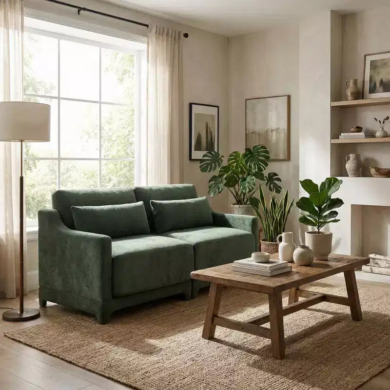 Homy Casa 2-Seater Chenille Sofa with Lumbar Pillows, Modern Upholstered Loveseat for Living Room, Green
