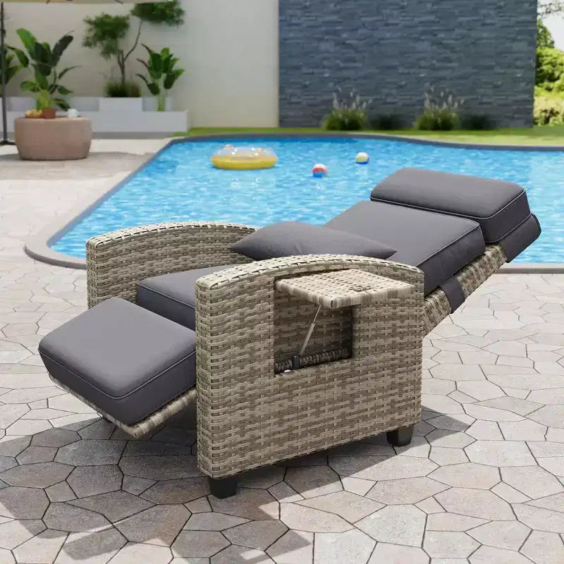 Fauteuil de jardin en osier tressé, inclinable sur 150°, en rotin synthétique résistant aux intempéries, avec table d'appoint à abattant, repose-pieds, pour jardin, pelouse