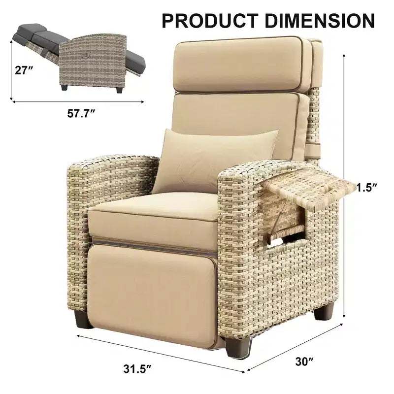Fauteuil de jardin en osier tressé, inclinable sur 150°, en rotin synthétique résistant aux intempéries, avec table d'appoint à abattant, repose-pieds, pour jardin, pelouse