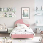 Senfot Twin/Full Bed Frame with Round Pink&White Boucle Headboard - Upholstered Arch Design, Wood Slat Support, No Box Spring Needed, Easy Setup