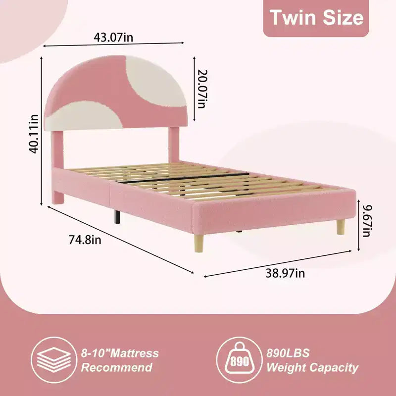 Cadre de lit Senfot double/grand lit avec tête de lit capitonnée en boucle rose et blanche - Design arqué, support en lattes de bois, pas besoin de sommier, montage facile