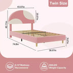 Cadre de lit Senfot double/grand lit avec tête de lit capitonnée en boucle rose et blanche - Design arqué, support en lattes de bois, pas besoin de sommier, montage facile
