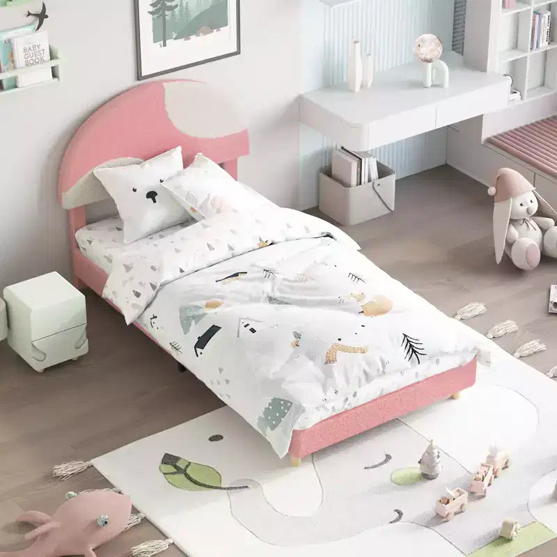 Cadre de lit Senfot double/grand lit avec tête de lit capitonnée en boucle rose et blanche - Design arqué, support en lattes de bois, pas besoin de sommier, montage facile