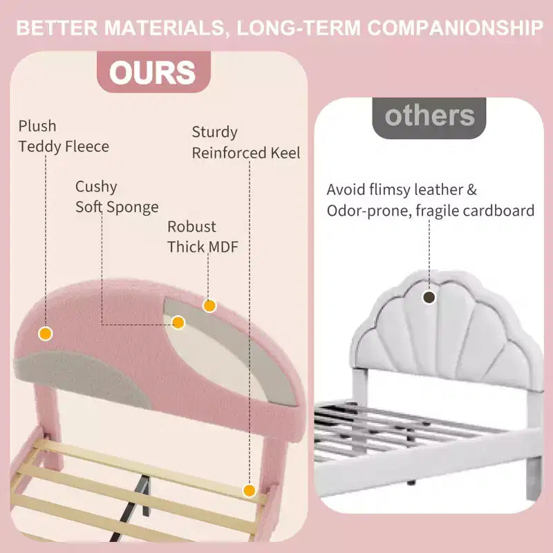 Cadre de lit Senfot double/grand lit avec tête de lit capitonnée en boucle rose et blanche - Design arqué, support en lattes de bois, pas besoin de sommier, montage facile