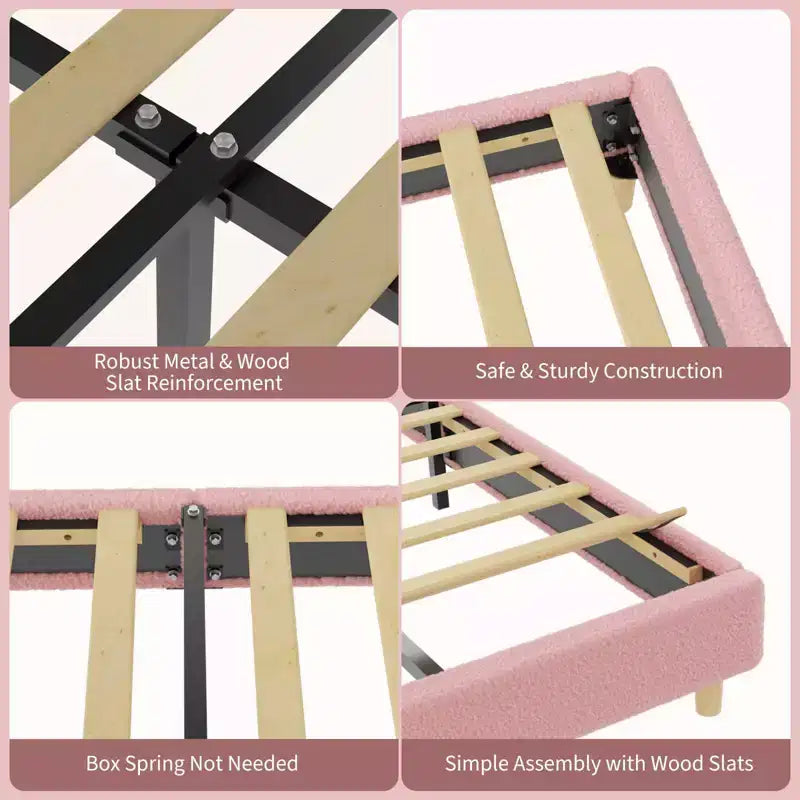 Cadre de lit Senfot double/grand lit avec tête de lit capitonnée en boucle rose et blanche - Design arqué, support en lattes de bois, pas besoin de sommier, montage facile