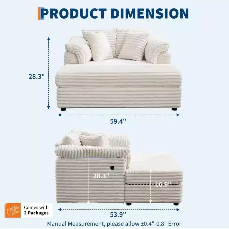 60 fauteuils de relaxation surdimensionnés avec ports USB/Type-C - Canapé-lit en velours côtelé avec accoudoirs larges pour salon