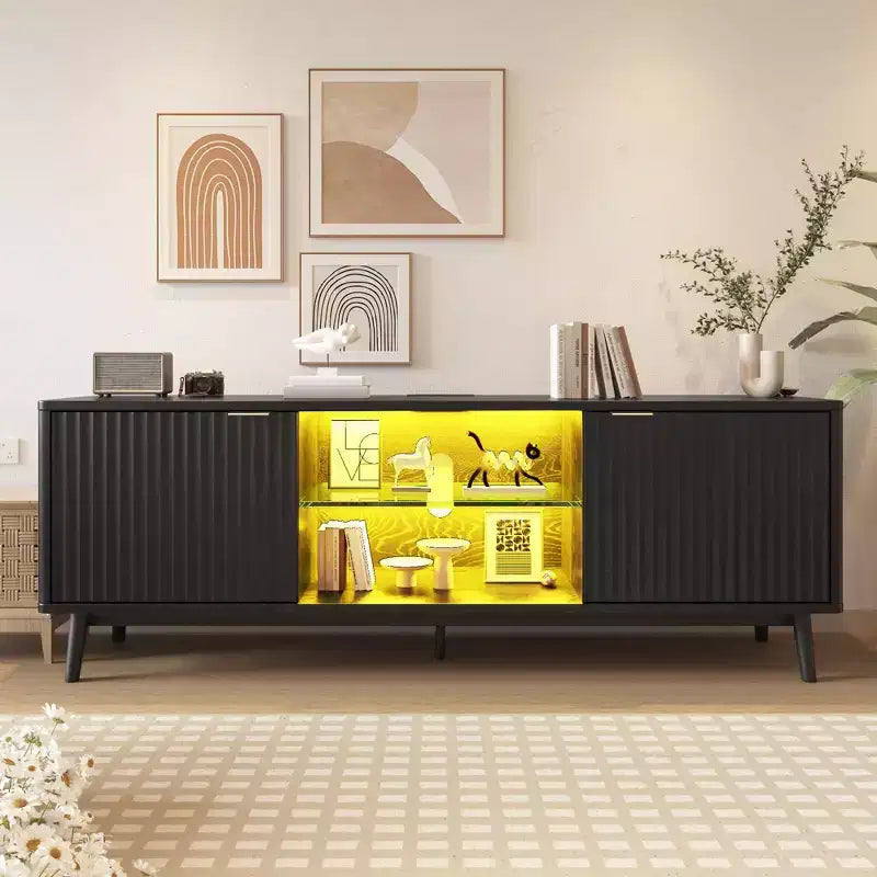 TV Stand,Entertainment Center for 75 TV, Fluted Media Console with Adjustable Shelves,Black Living Room Furniture