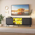Meuble TV, Meuble de divertissement pour TV de 75 pouces, Console multimédia cannelée avec étagères réglables, Meuble de salon noir