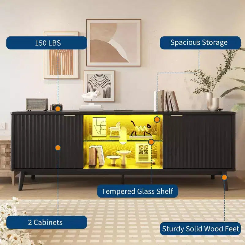 Meuble TV, Meuble de divertissement pour TV de 75 pouces, Console multimédia cannelée avec étagères réglables, Meuble de salon noir