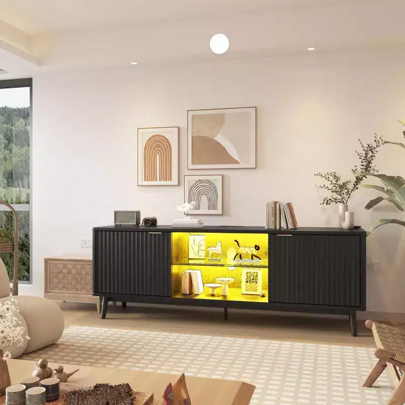 Meuble TV, Meuble de divertissement pour TV de 75 pouces, Console multimédia cannelée avec étagères réglables, Meuble de salon noir