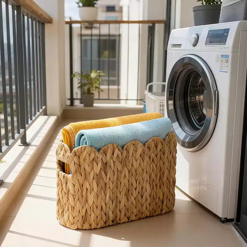 2-Pack Hand-Woven Wicker Baskets, Scalloped Rattan Toilet Paper Storage Organizer with Handles for Bathroom Countertop Shelf, Small+Large
