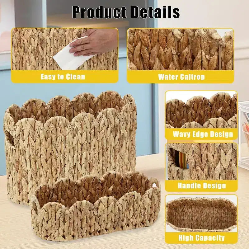 Lot de 2 paniers en osier tressé à la main, organiseur de papier toilette en rotin festonné avec poignées pour étagère de comptoir de salle de bain, petit+grand